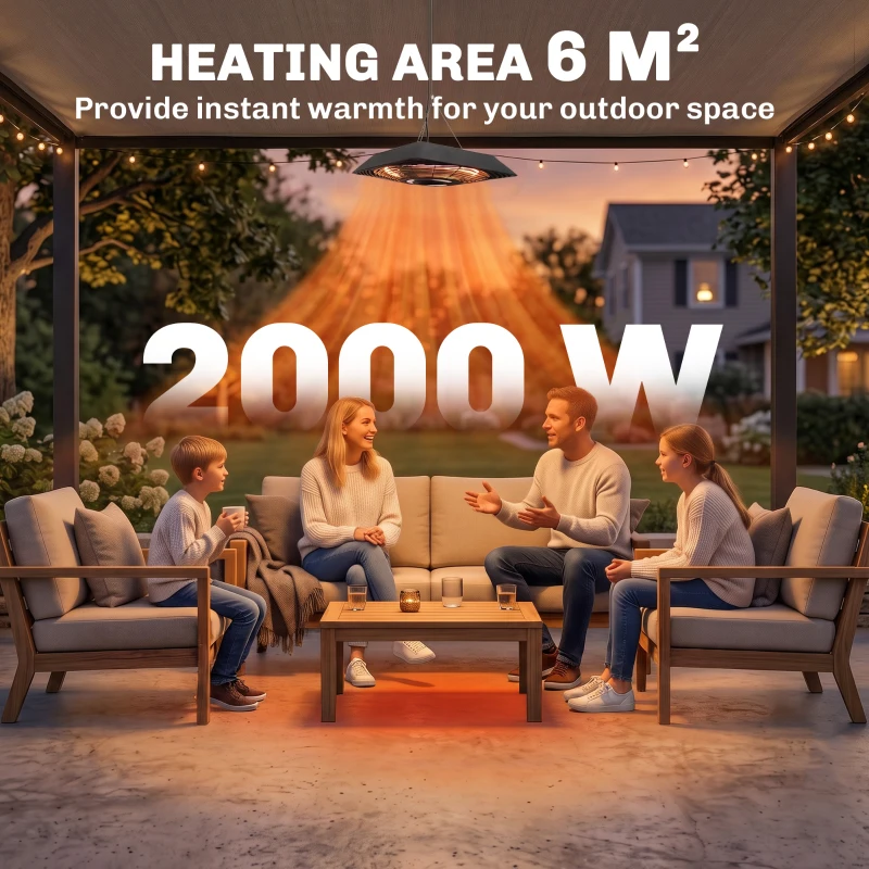 Outsunny 2000W Electric Hanging Patio Heater Ceiling Mounted Halogen Heating Indoor Outdoor with Remote Control Aluminium