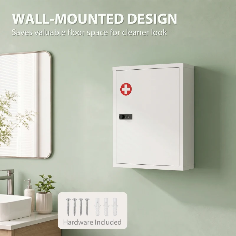 HOMCOM Wall Mount Medicine Cabinet, Bathroom Cabinet with Combination Lock, Door and Storage Shelves, White