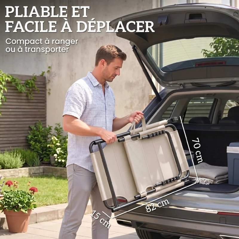 Outsunny Lot de 2 Bains de soleil transats pliables grand confort dossier pare-soleil réglables multi-positions, crème