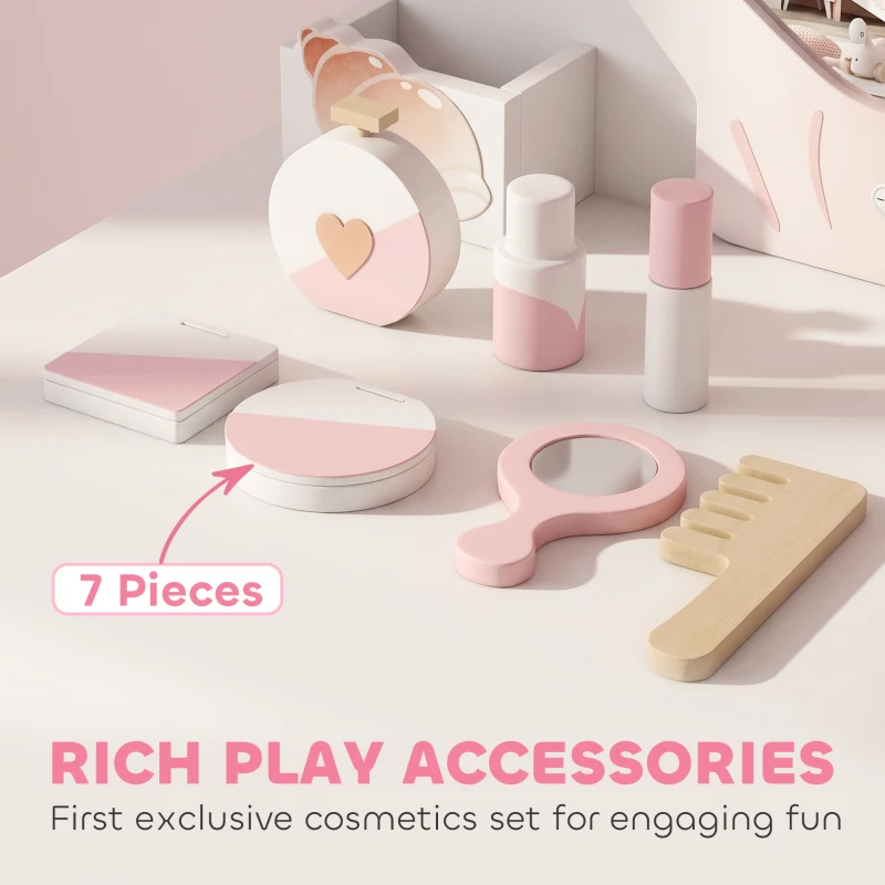 AIYAPLAY Kids Vanity Set, Kids Dressing Table with Chair, Acrylic Mirror, Lighted Bulbs, 7-Piece Accessories, for 3-8 Years, Pink