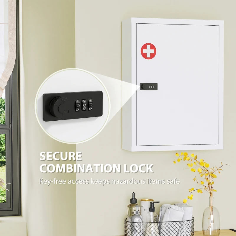 HOMCOM Wall Mount Medicine Cabinet, Bathroom Cabinet with Combination Lock, Door and Storage Shelves, White