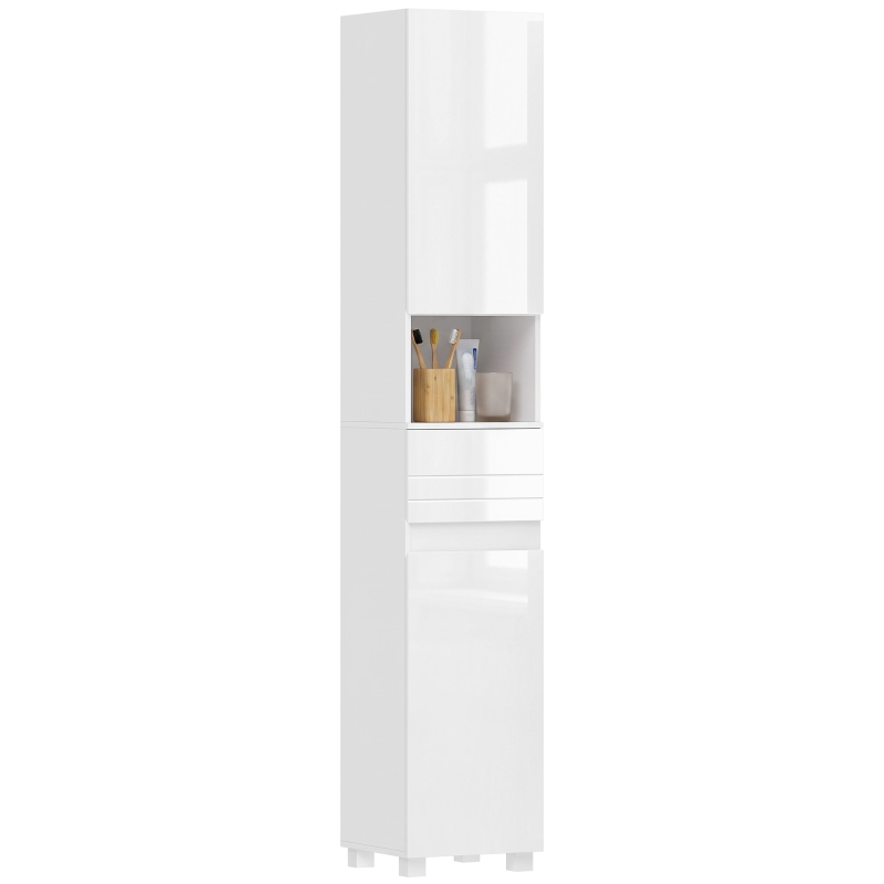 HOMCOM Mobiletto Bagno Alto Lucido con Cassetto e Ripiani Regolabili