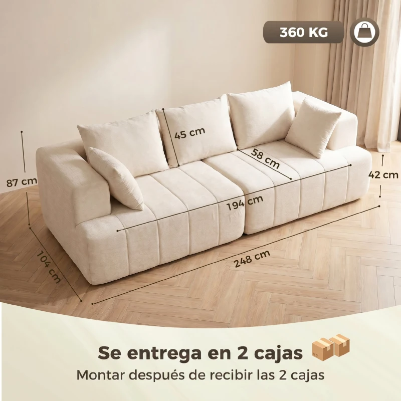 HOMCOM Sofá 3 Plazas en Chenilla 248 cm Sofá Moderno de Salón Asiento Amplio Acolchado Cojines con Muelles Beige