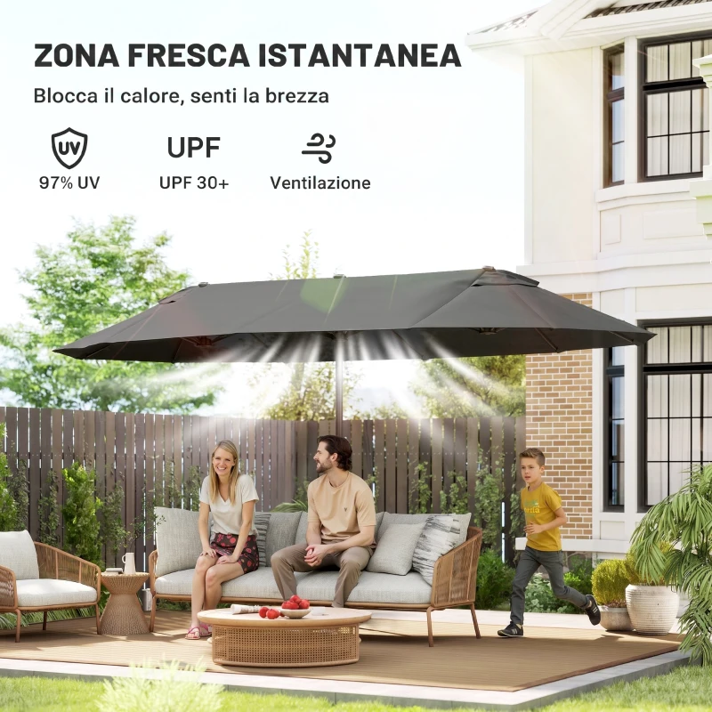 Outsunny Ombrellone da Giardino Doppio da Giardino 4.6x2.7 m a 12 Stecche con Prese d'Aria e Manovella, Ombrellone per Esterno in Acciaio e Poliestere, Anti UV, per Balcone e Terrazza, Grigio