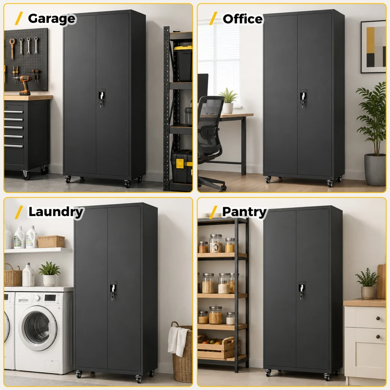 HOMCOM Armoire de Bureau Métallique, 80 x 40 x 180 cm, Meuble de Rangement sur Roulettes en Acier avec Serrure, Noir