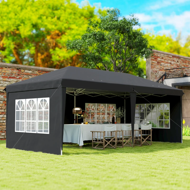 Outsunny Pavillon ca. 3x6m Wasserdicht Pop-up Faltpavillon mit 4 Seitenwänden, Fenster UV-Schutz Tragetasche Schwarz