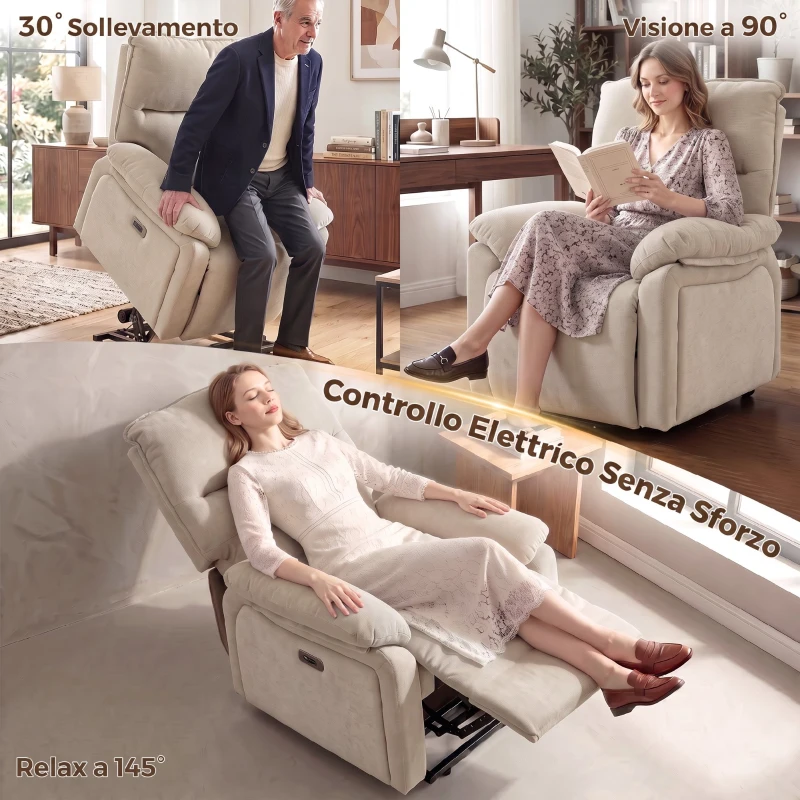 HOMCOM Poltrona Relax Alzapersona con Massaggio e Riscaldamento, per Anziani, Bianco Crema