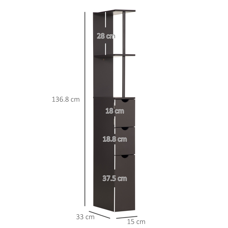 HOMCOM Tall Bathroom Cabinet, Freestanding Slim Bathroom Storage Cabinet with 2-Tier Open Shelf and 2 Drawers for Small Space, Narrow Cupboard Storage Unit, Brown