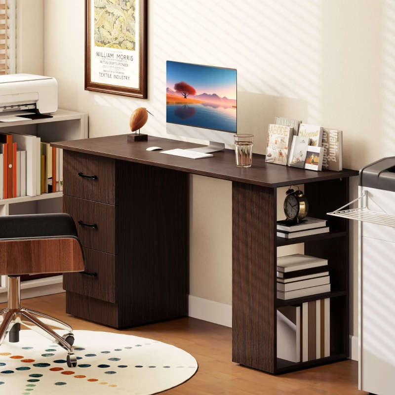 HOMCOM Scrivania Moderna con 3 Cassetti e 3 Ripiani per Camera e Ufficio, in Legno, 120x49x72 cm, Color Noce