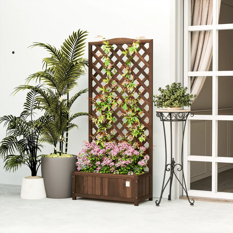 Outsunny Jardinière avec Treillis bac à Fleurs 76 x 36 x 170 cm Fond à Lattes Bois Sapin pré-huilé marron foncé