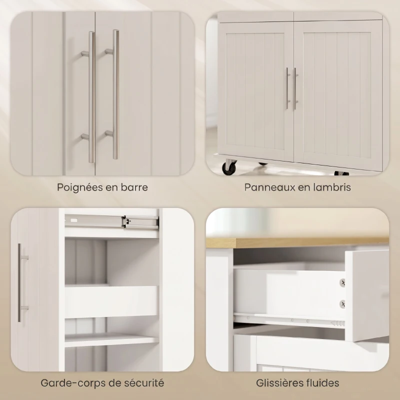 HOMCOM Îlot Central Cuisine avec Plateau Rabattable, Roulettes, 2 Tiroirs, Portes à Fermeture Douce, Porte-Serviettes, Blanc