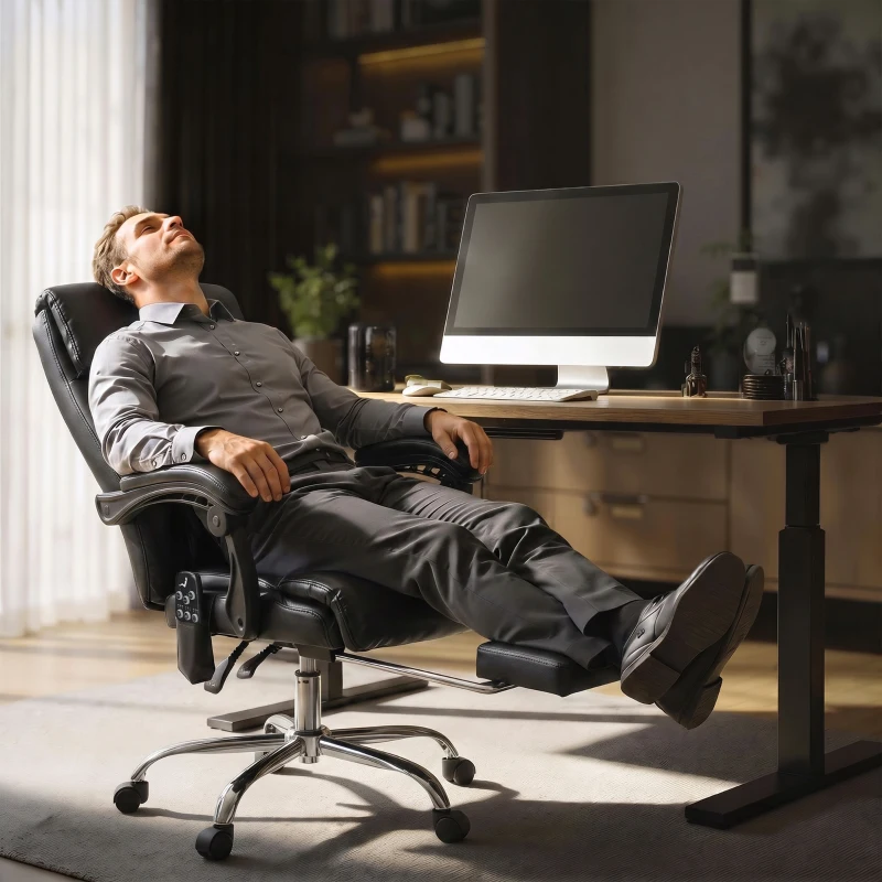 HOMCOM Scaun de birou cu masaj vibrant și încălzire, scaun ergonomic din PU cu înălțime reglabilă, Negru