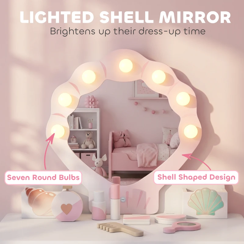 AIYAPLAY Kids Vanity Set, Kids Dressing Table with Chair, Acrylic Mirror, Lighted Bulbs, 7-Piece Accessories, for 3-8 Years, Pink