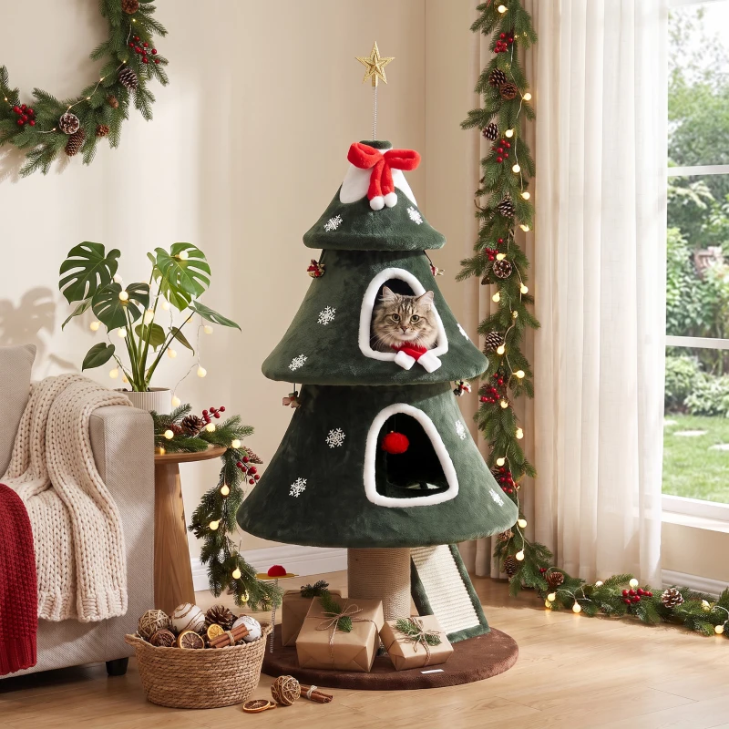PawHut Weihnachts-Kratzbaum für Katzen, 2 Höhlen, Sisal-Leiter, Jute-Pfosten und Bällchen, 60x60x132 cm, Grün