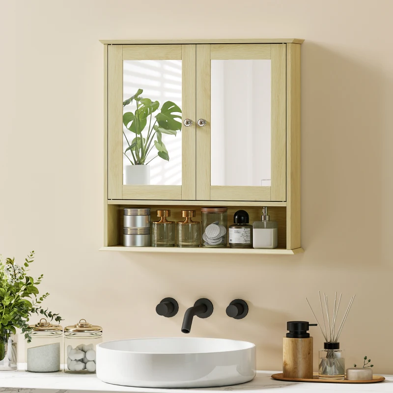 kleankin Armoire murale salle de bain avec miroir, 56 x 13 x 58 cm, meuble salle de bain avec Portes Miroir Doubles Bois Naturel
