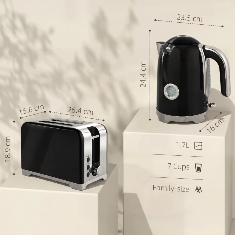 HOMCOM Set fierbător și prăjitor cu termometru, 1,7 l, fierbător 2200 W, prăjitor 2 felii cu 7 trepte de rumenire