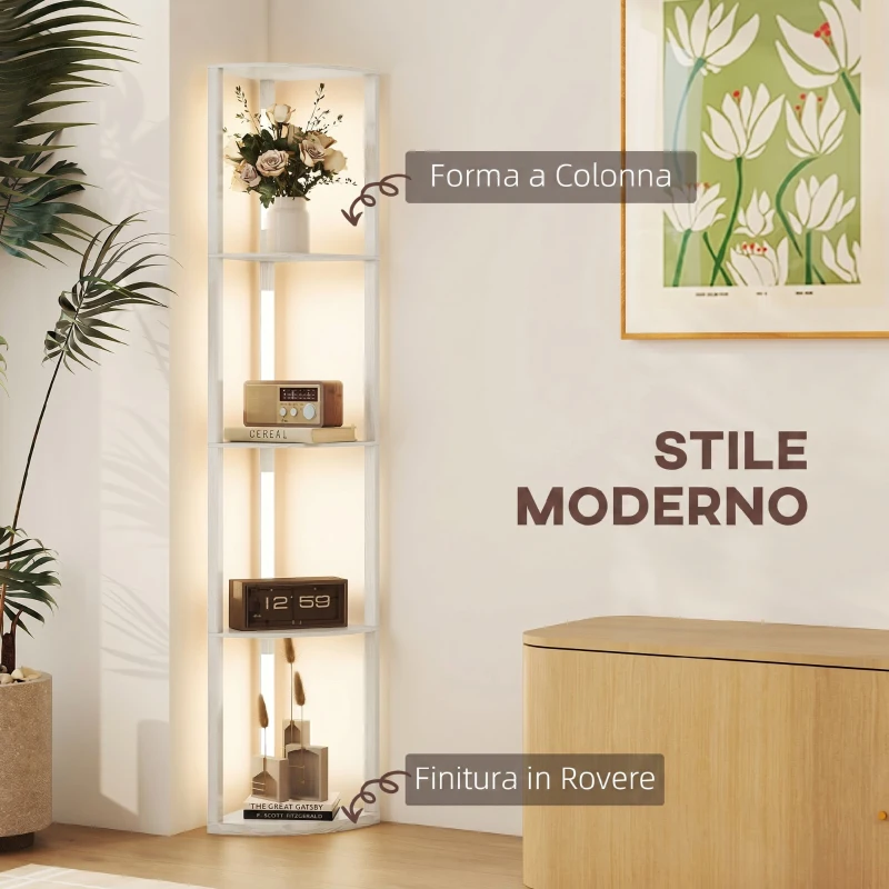 HOMCOM Lampada da Terra con 4 Ripiani, Luce LED Regolabile su 3 Livelli, 4 Ripiani, 41x29.5x163.5 cm, Rovere