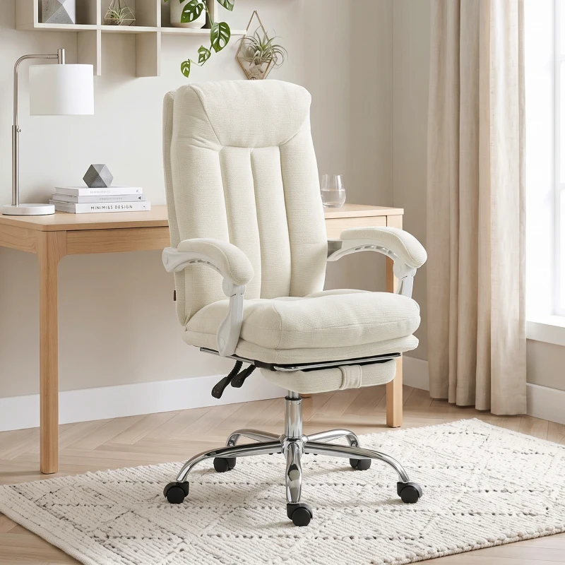 HOMCOM Scaun birou ergonomic, fotoliu înclinat din chenille, înălțime reglabilă, suport pentru picioare, Crem
