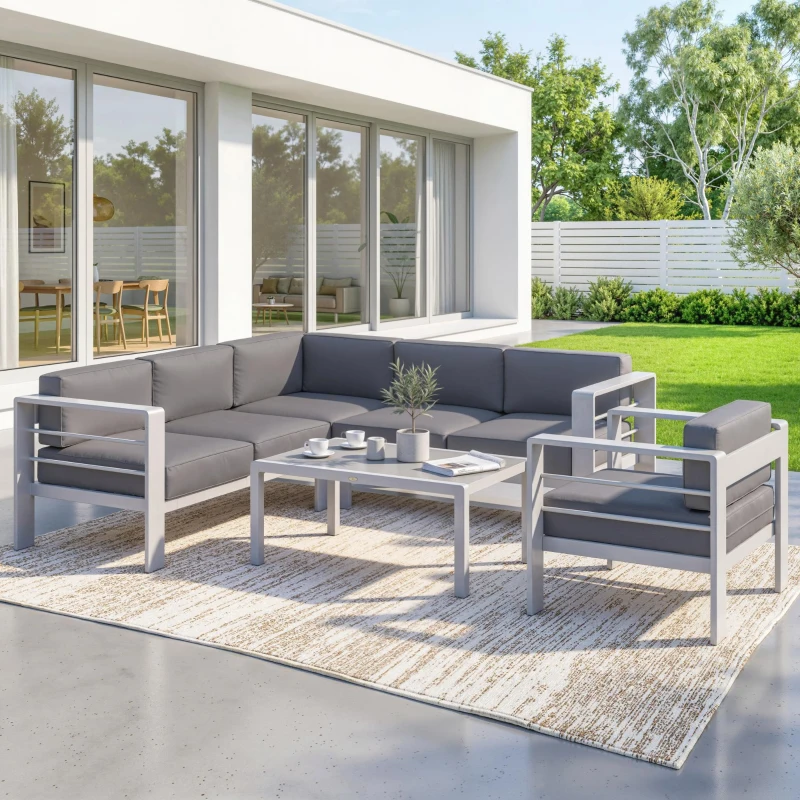 Outsunny Five-Piece Aluminium Garden Sofa Set, with Glass-Top Table - Grey