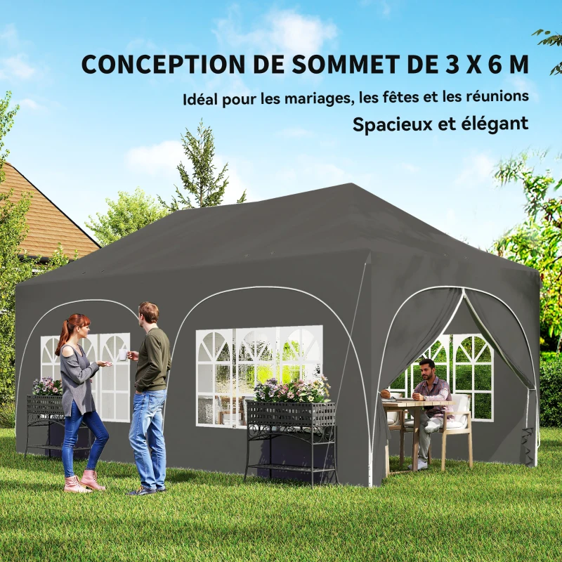 Outsunny Tonnelle pliante barnum imperméable anti-UV  6 parois latérales 6 sacs de sable 12 trous de drainage 3x6m gris