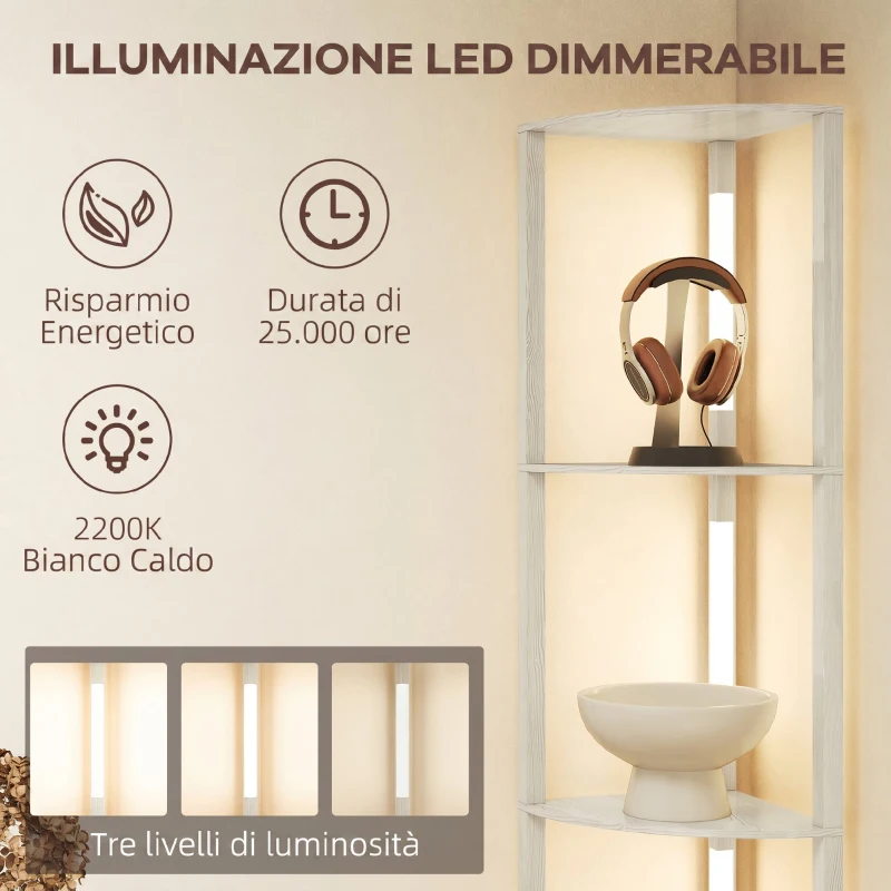 HOMCOM Lampada da Terra con 4 Ripiani, Luce LED Regolabile su 3 Livelli, 4 Ripiani, 41x29.5x163.5 cm, Rovere