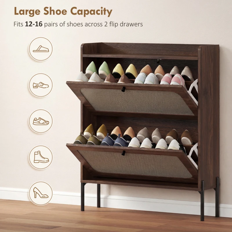HOMCOM Shoe Cabinet with 2 Flip Drawers, Boho Narrow Shoe Storage Cabinet, Dark Brown