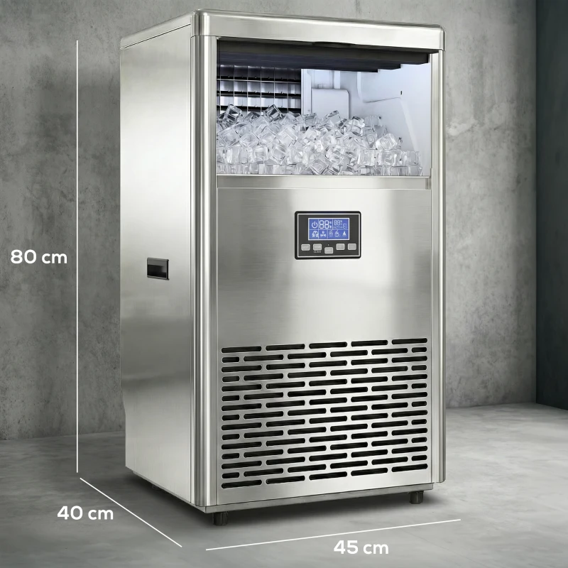 HOMCOM Gewerblicher Eiswürfelbereiter 45 kg/24 Std., Edelstahl, mit 13 kg Speicher, Selbstreinigung, Silber