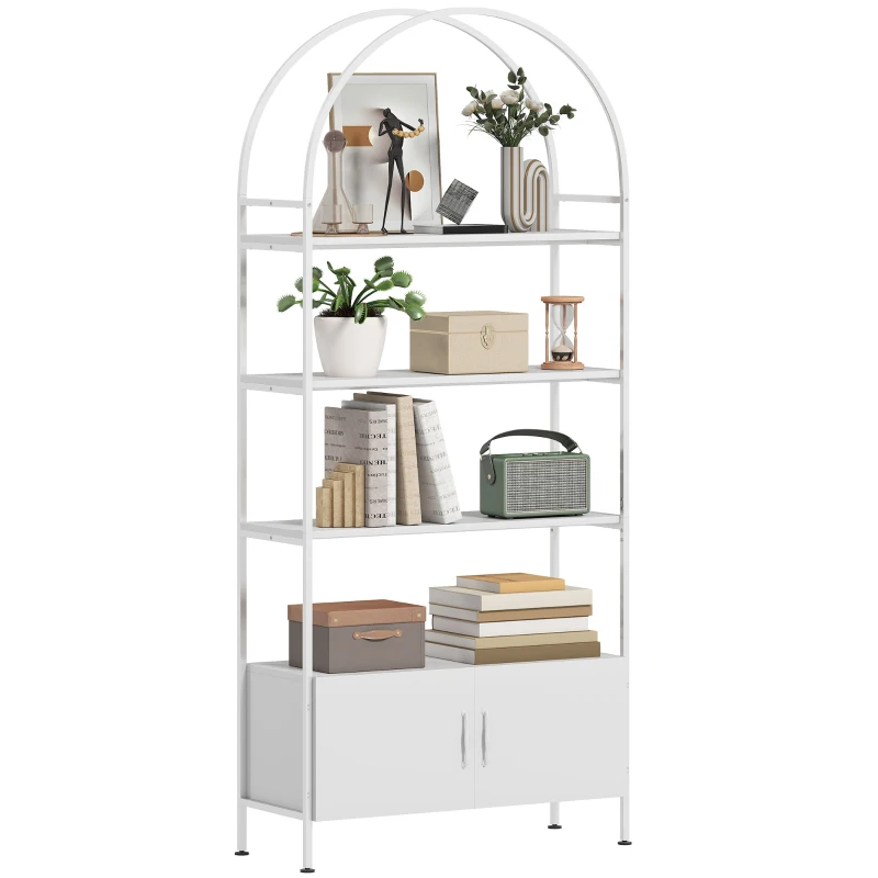 HOMCOM Étagère de rangement, bibliothèque arquée à 4 niveaux avec placard double porte, 80 x 30 x 187 cm, blanc