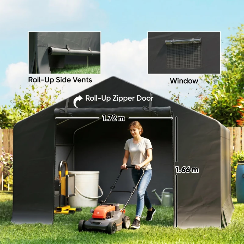 Outsunny Garage Moto per Esterno Portaoggetti 3x3 m Impermeabile con Porta e Prese d'Aria Avvolgibili, per Biciclette e Attrezzi, Grigio Scuro