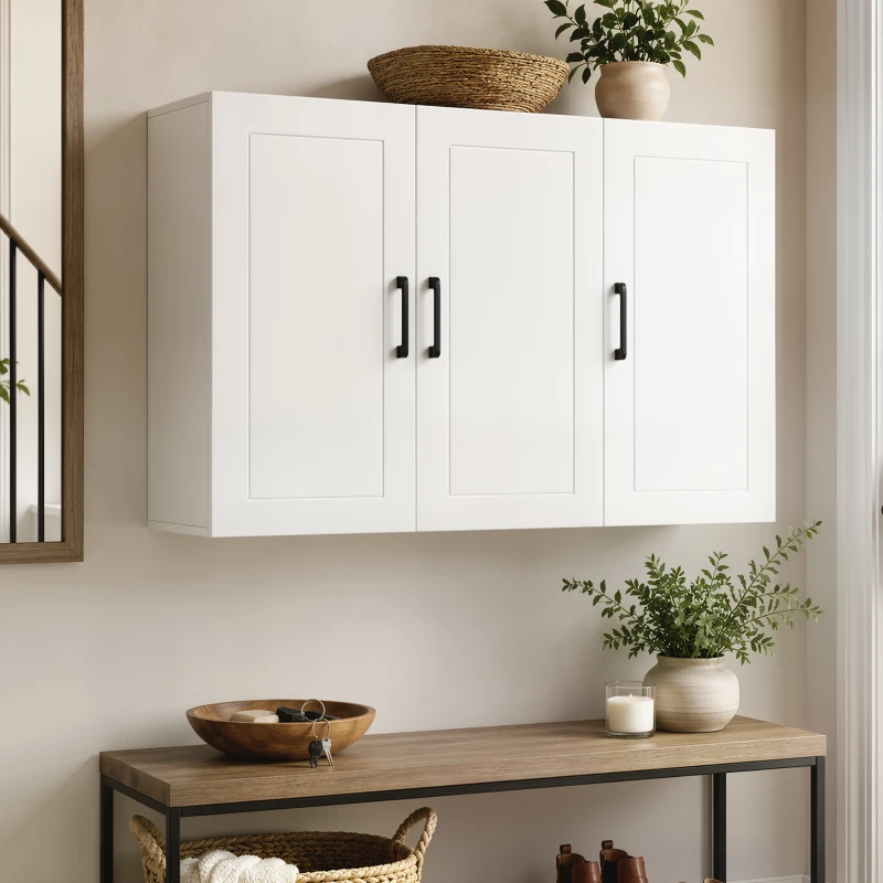 HOMCOM Mobile Bagno da Parete con 3 Ante, Ripiano Regolabile, per Soggiorno e Ingresso, Salvaspazio, 90x30x60 cm, Bianco