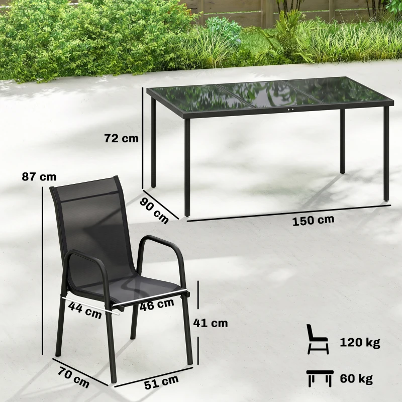 Outsunny Salon de Jardin 6 Personnes Ensemble Table et Chaises Jardin avec Chaises Empilables en Textilène 70x51x87cm Noir