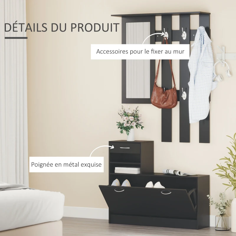HOMCOM Ensembles 3 en 1 de meuble d'entrée vestiaire avec panneau porte-manteau, miroir et banc à chaussures noir