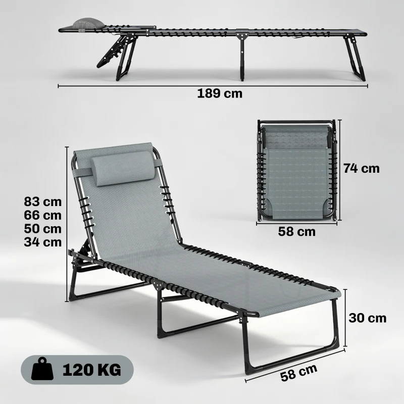 Outsunny Bain de Soleil transat Pliable Dossier inclinable Multi-Positions Acier thermoplastique Lacets élastiques Noir textilène Gris