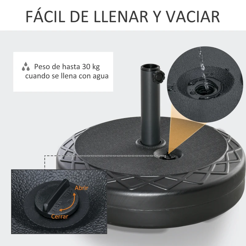 Outsunny Base de Sombrilla Rellenable de Agua 30 kg Soporte de Parasol Redondo Apto para Postes de 38mm 48 mm Metal y Plástico para Jardín Terraza Ø55x38 cm Negro