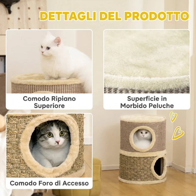 PawHut Cuccia per Gatti Tiragraffi a Torre con 2 Nicchie, Corda in Sisal e Alga Marina, Bordo Peluche, Cachi