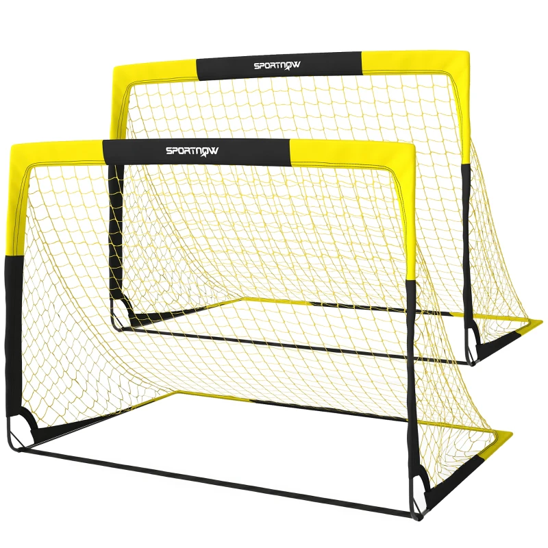 SPORTNOW Set of 2 Pop Up Football Goal, Portable Folding Football Net with Carry Bag, 8 U-Shaped Ground Stakes, Fibreglass Pole