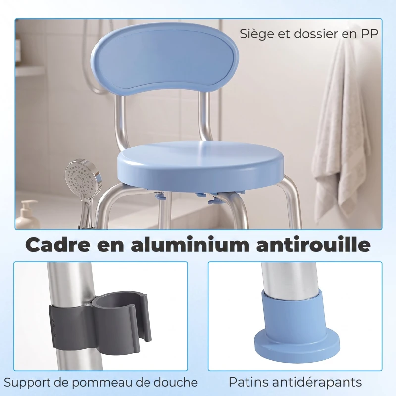 HOMCOM Tabouret de Douche Ronde Pivotant 360°, Hauteur Réglable, Dossier, Pieds Antidérapants, 38,5x37,5x75cm, Bleu Clair