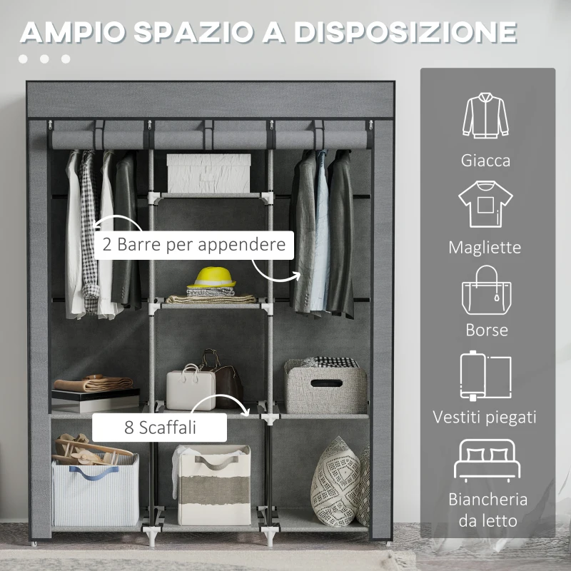 HOMCOM Guardaroba in Tessuto non Tessuto e Acciaio con 8 Ripiani e 2 Barre, 125x43x162.5 cm, Grigio Carbone