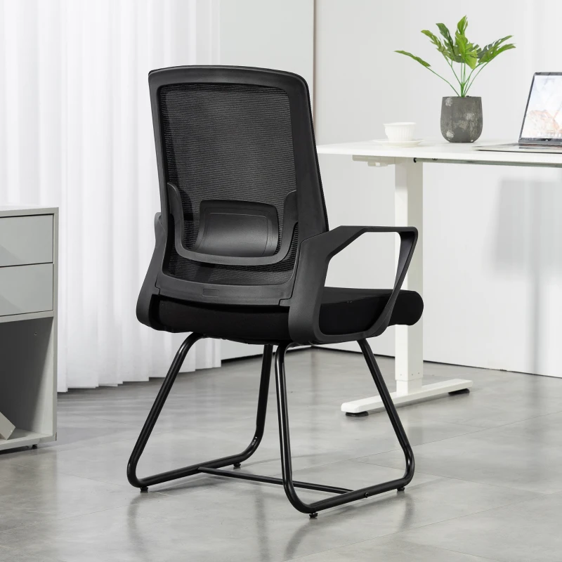 HOMCOM Sedia da Ufficio Senza Ruote Ergonomica con Braccioli per Sala d'Attesa, Nero
