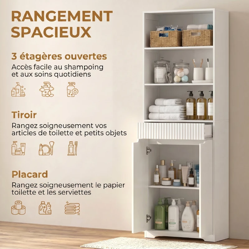 HOMCOM Meuble de salle de bain haut, 2 portes à fermeture douce, tiroir, 3 compartiments ouverts et étagères réglables, blanc