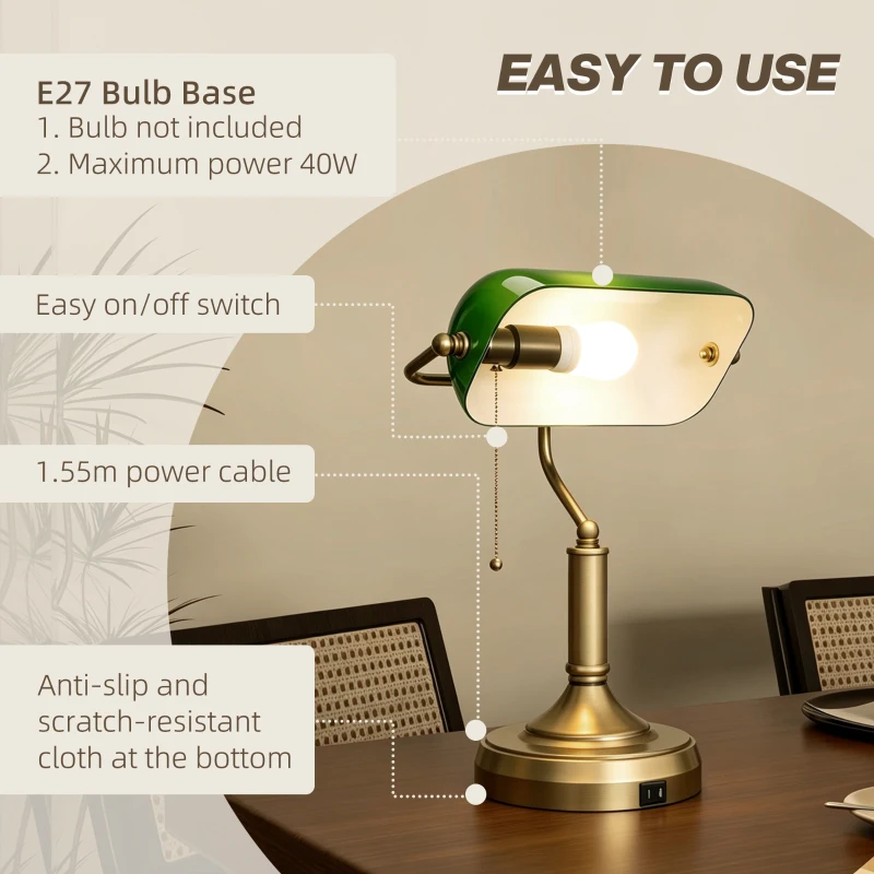 HOMCOM Desk Lamp with USB Ports, Banker's Table Lamp Desk Lamp with Vintage Bronze Tone Base and Pull Rope Switch, Green