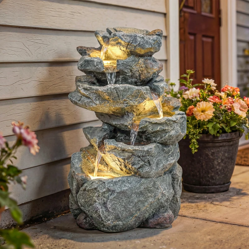 Outsunny Fontaine de Jardin Cascade 6 Niveaux Décoration de Jardin Zen Résine Pierre Naturelle 33 x 27 x 53 cm Gris