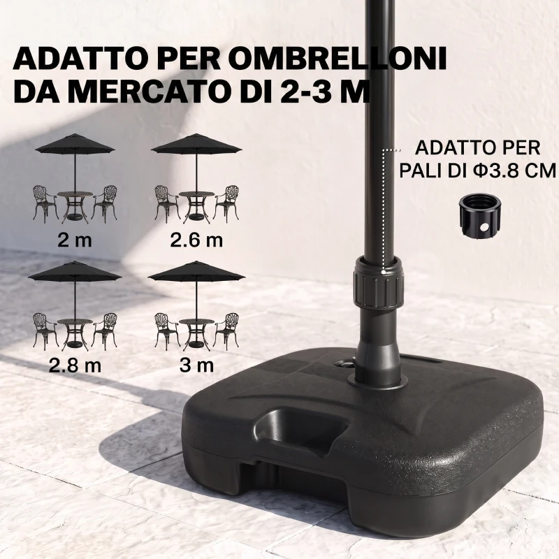 Outsunny Base per Ombrellone da Giardino in HDPE, Base per Ombrellone con Maniglia, Supporto per Pali Ø38mm, Riempibile con 20 kg di Acqua e 30 kg di Sabbia, per Giardino Piscina, Nero