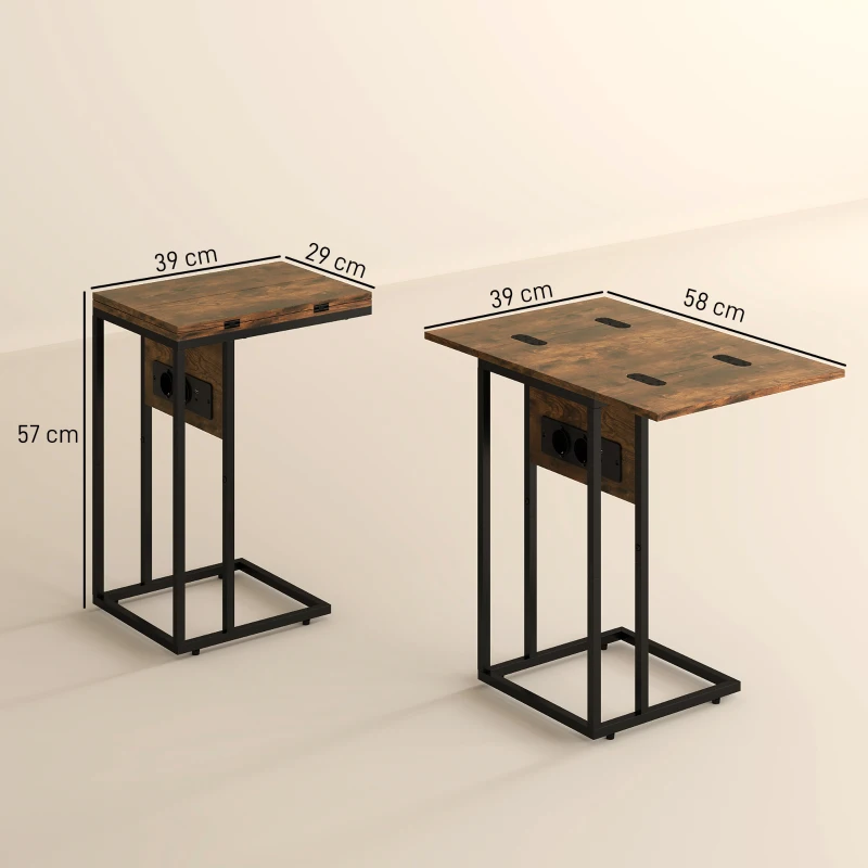 HOMCOM Table d'appoint bout de canapé avec station de charge, plateau pliable, 39 x 29 x 57 cm, brun rustique et noir