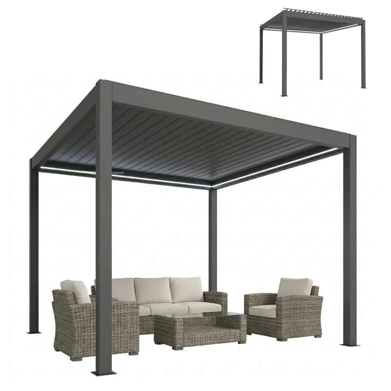 Outsunny 3 x 3(m) Electric Louvered Pergola with LED Lights, Aluminium Pergola Hardtop Gazebo with Remote, Adjustable Roof and Drainage System, Water and UV Proof