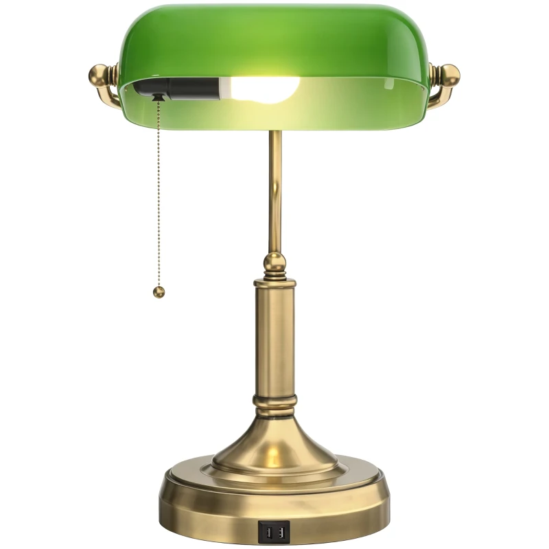 HOMCOM Desk Lamp with USB Ports, Banker's Table Lamp Desk Lamp with Vintage Bronze Tone Base and Pull Rope Switch, Green