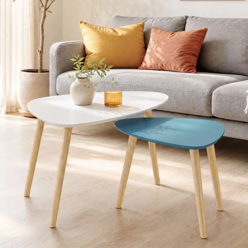 HOMCOM Lot de 2 tables basses gigognes design scandinave pieds en bois et plateau en bois, blanc et bleu