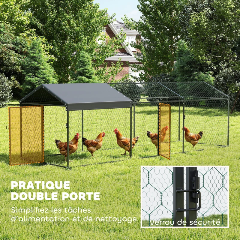PawHut Enclos Poulailler Extérieur, Couverture Imperméable, 2 Portes Latérales, pour 3-5 Poules, 3x1x1m, Acier, Noir