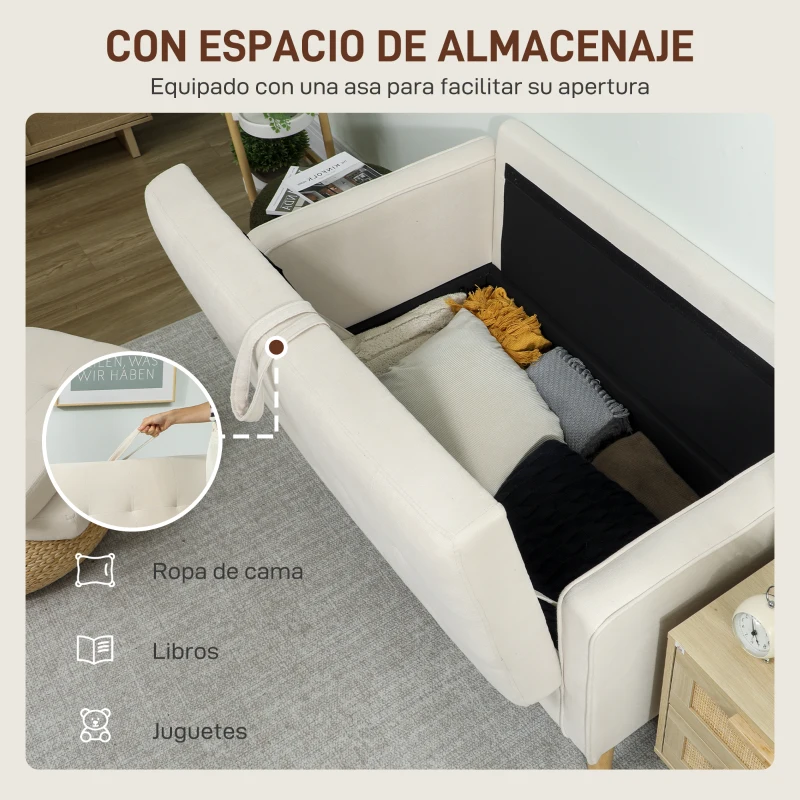 HOMCOM Sofá de 2 Plazas con Espacio de Almacenamiento Patas de Madera Respaldo Capitoné 117x62x78 cm Crema