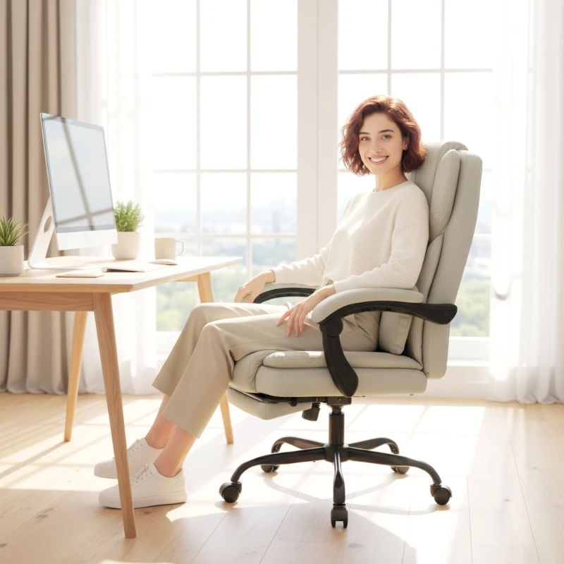 HOMCOM Chaise Bureau Ergonomique, Fauteuil de Bureau avec Dossier Inclinable, Hauteur Réglable, 65x67x111-119cm, Beige